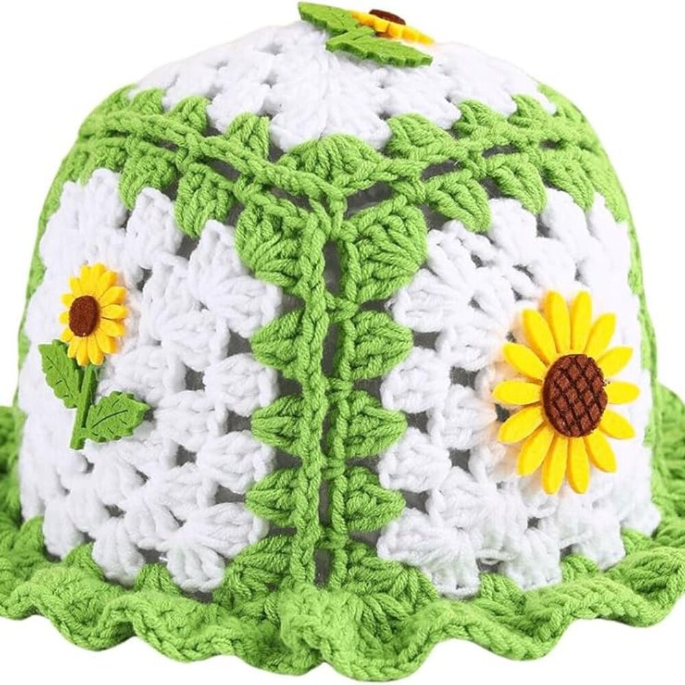 QWINEE Women's 3D Floral Colorblock Crochet Bucket Hat Handmade Floral Foldable